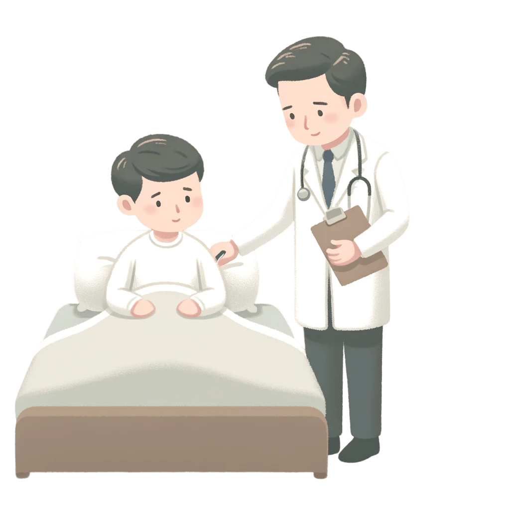 DALL·E 2024 03 18 20.22.42 A simple and soft cartoon of the same man in a white lab coat treating a patient in bed. The patient is resting comfortably under a light blanket loo Photoroom.png Photoroom