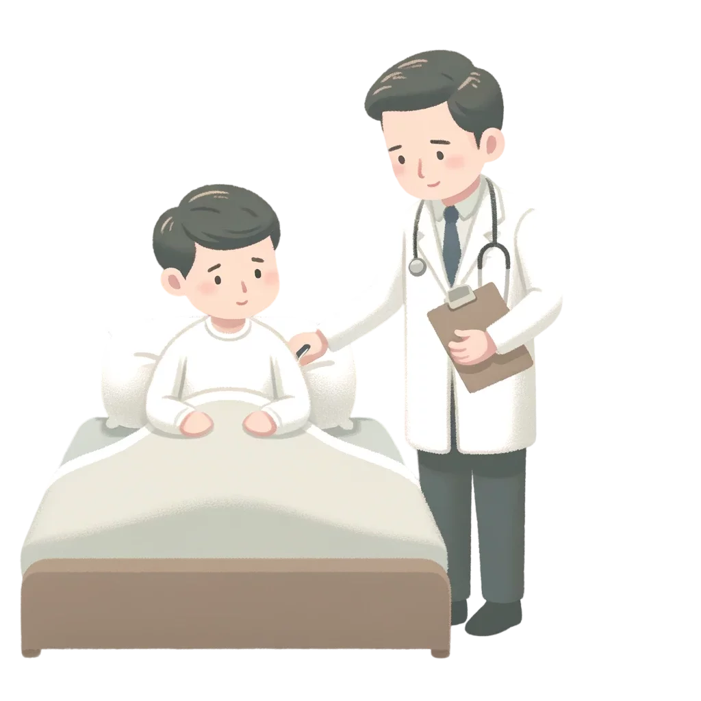 Provider and patient DALL·E 2024 03 18 20.22.42 A simple and soft cartoon of the same man in a white lab coat treating a patient in bed. The patient is resting comfortably under a light blanket loo Photoroom.png Photoroom