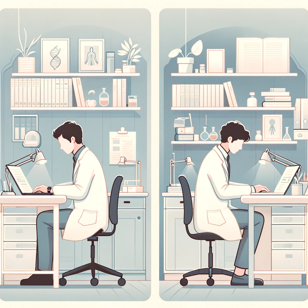 DALL·E 2024 03 18 21.08.15 A simple and soft cartoon featuring two people in white lab coats each working on their laptops in separate office spaces. The first person is seated